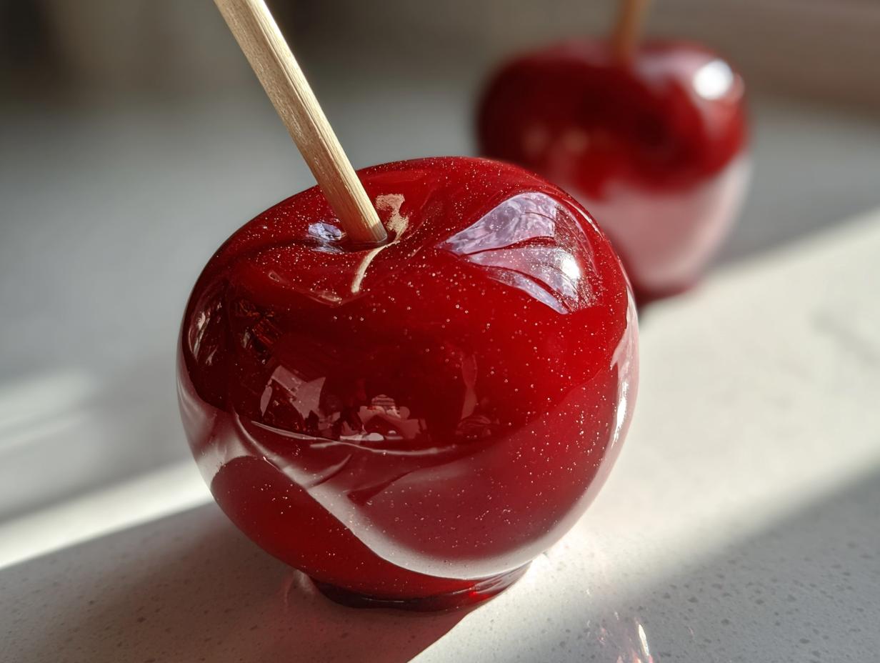 Close-up of a shiny, deep red candy apple on a wooden stick, showing a perfect gloss finish.