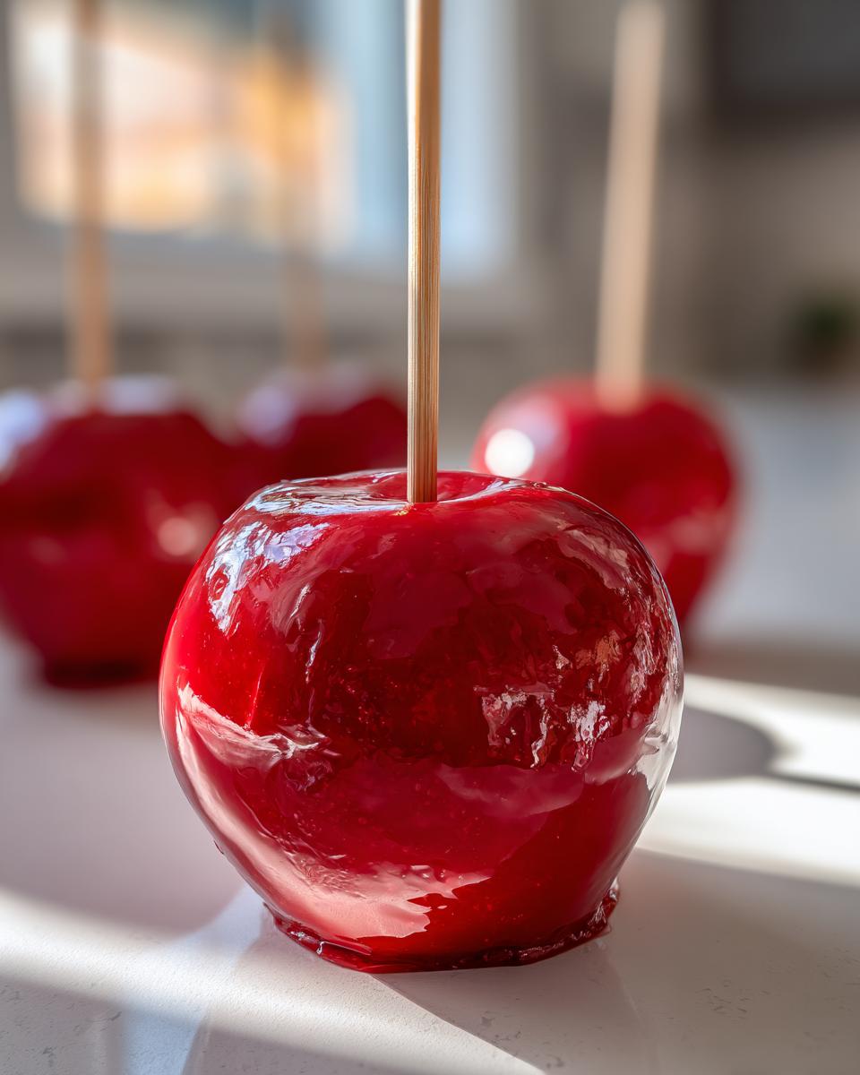 A close-up shot of a perfectly glossy red candy apple on a wooden stick, with more candy apples blurred in the background.