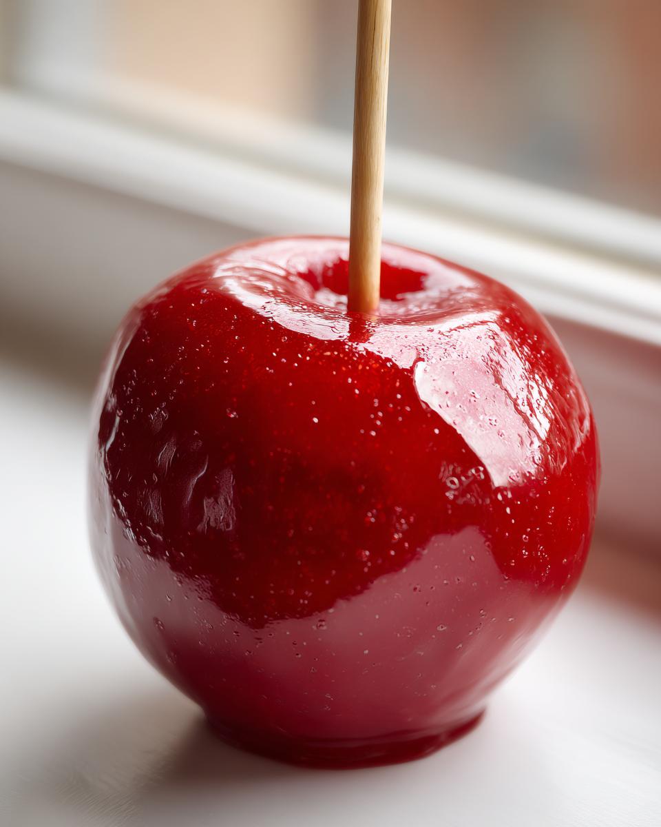 Close-up of a vibrant, glossy red candy apple with a wooden stick inserted, showing a perfect sugar coating.