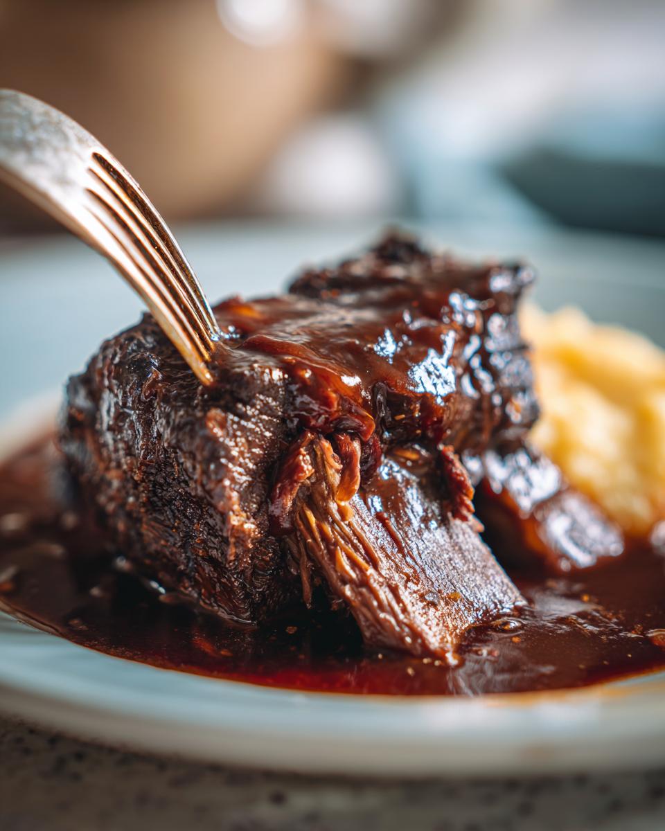 Close-up of fork pulling apart a piece of tender braised short ribs covered in dark sauce.
