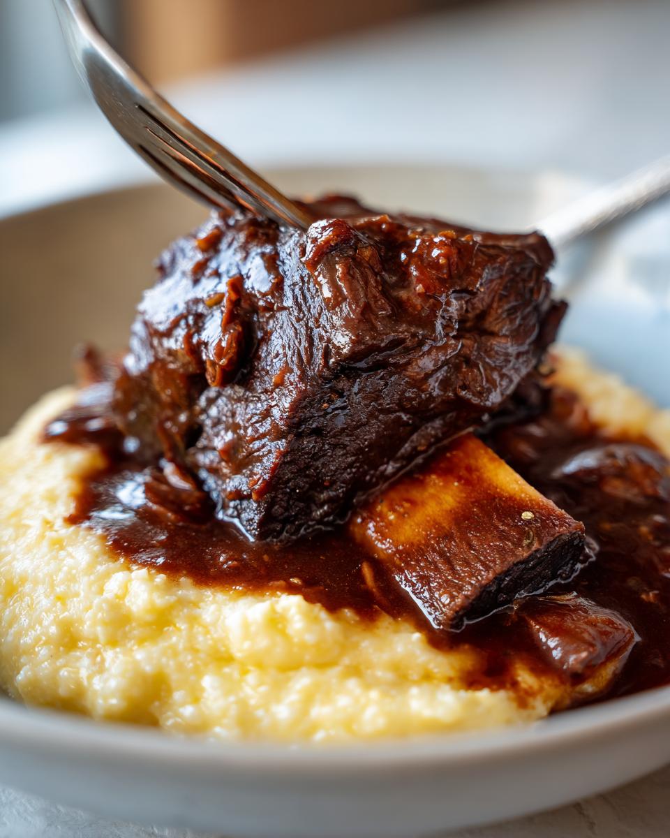 Close-up of a fork testing the tenderness of a piece of braised short ribs served over creamy polenta.