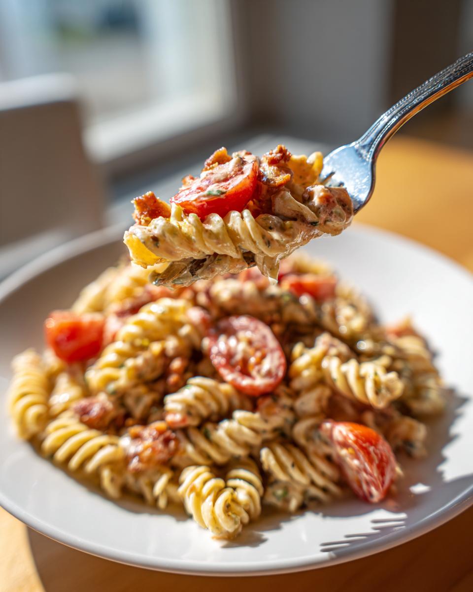 A fork lifts a bite of creamy blt pasta salad featuring rotini pasta, bacon bits, and halved cherry tomatoes.