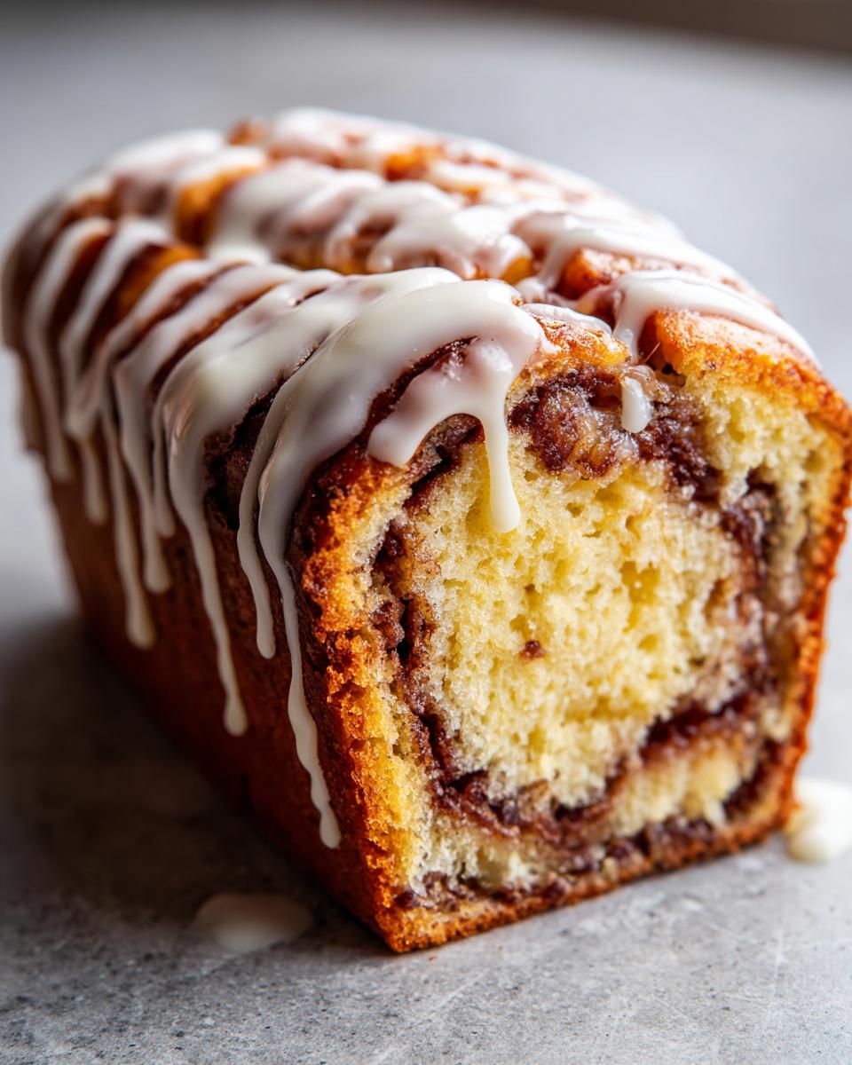 Close-up of a glazed loaf cake swirled with cinnamon, resembling a cinnamon roll cheesecake texture.