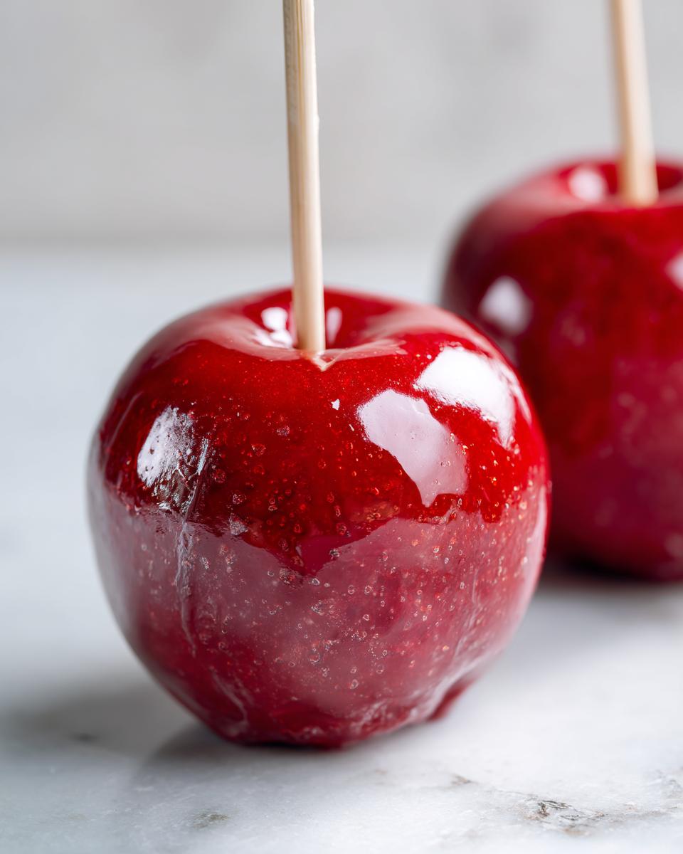 Close-up of a vibrant red, glossy candy apple on a stick, showing the perfect glaze texture.