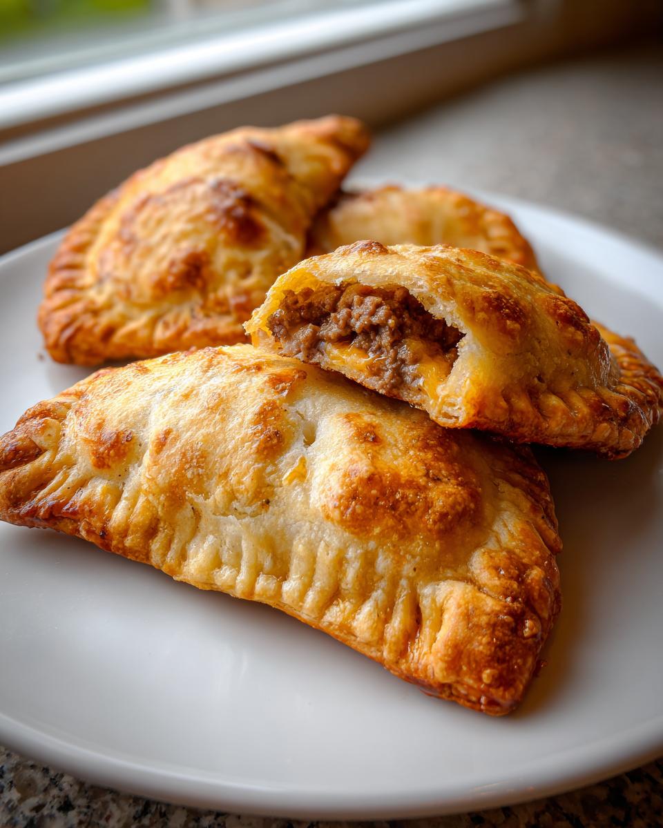 Close-up of golden baked cheeseburger pockets, one broken open revealing ground beef and melted cheese filling.