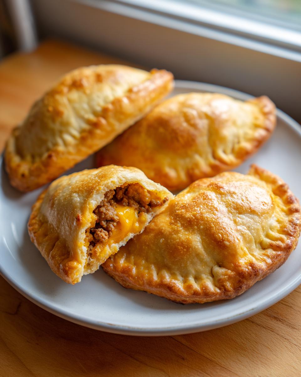 Four golden-brown baked cheeseburger pockets on a plate, one cut open showing ground beef and melted cheese filling.