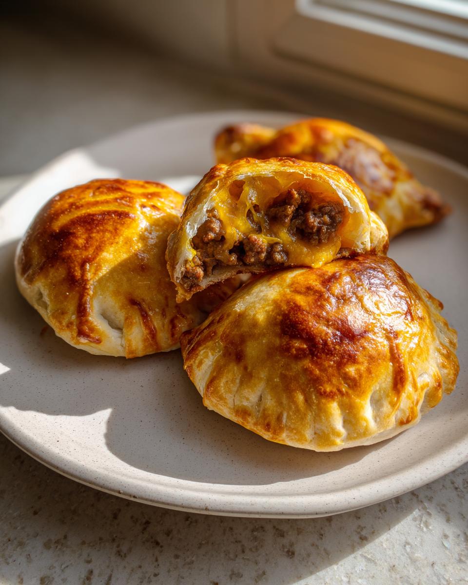 Close-up of golden baked cheeseburger pockets, one cut open showing ground beef and melted cheese filling.