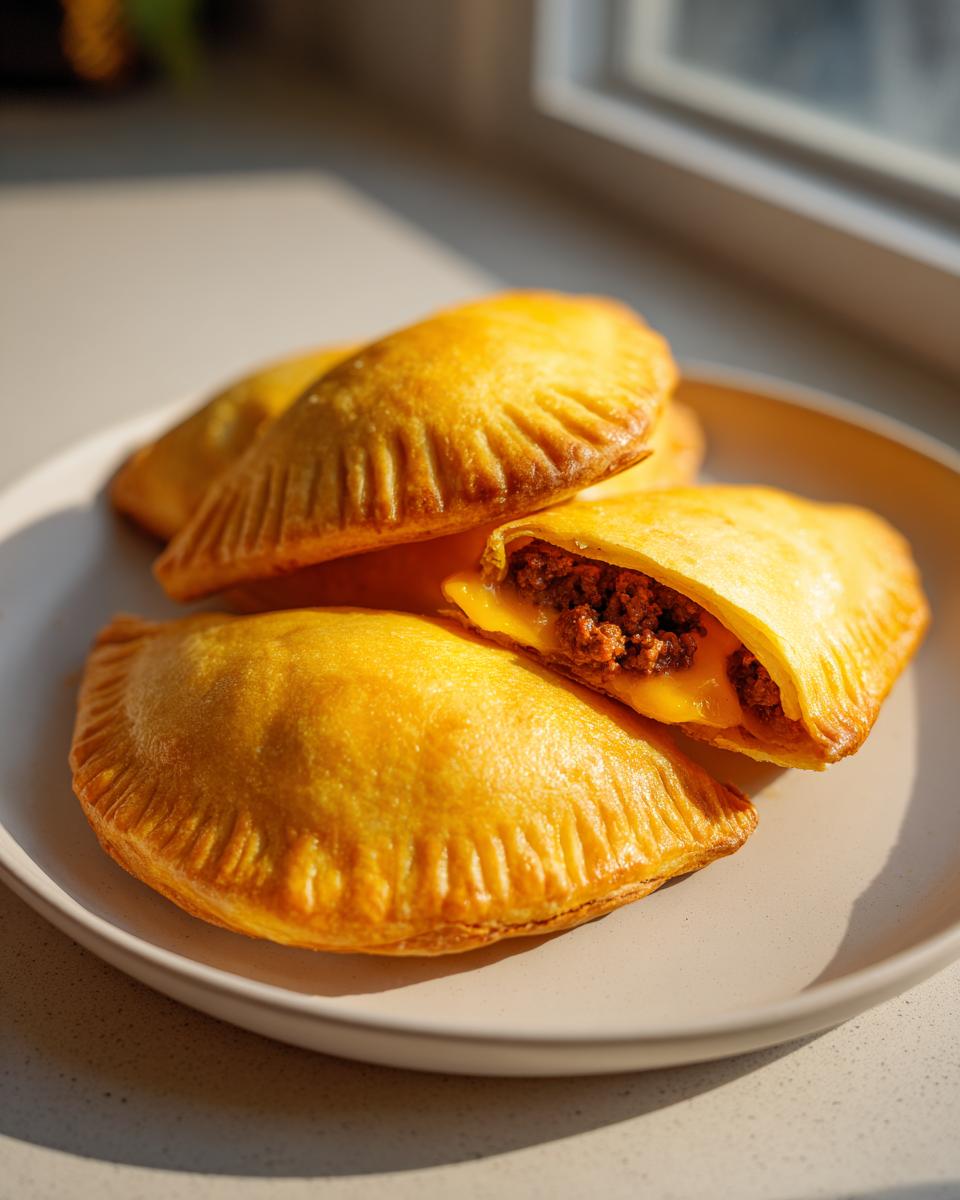 Close-up of golden baked cheeseburger pockets, one cut open showing ground meat and melted cheese filling.