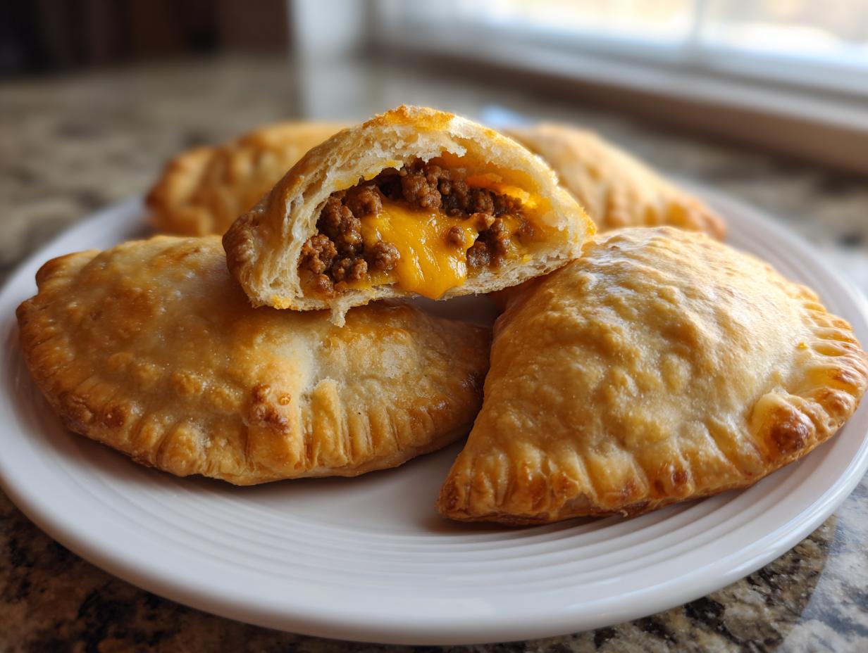 Close-up of golden baked cheeseburger pockets, one cut open showing ground beef and melted cheese filling.