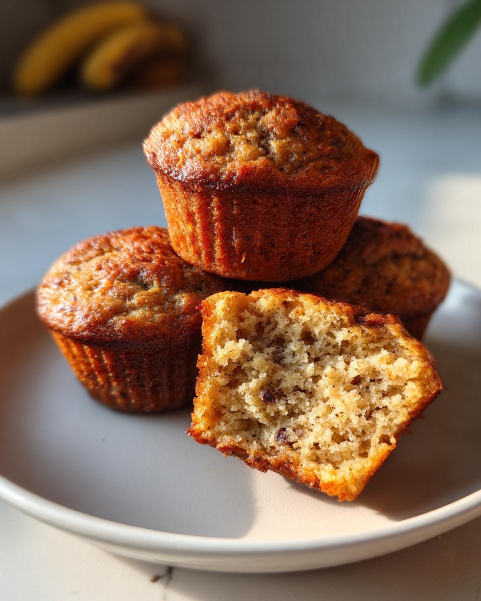 Close-up of golden brown protein muffins, one cut in half showing the moist interior, with bananas blurred in the background.