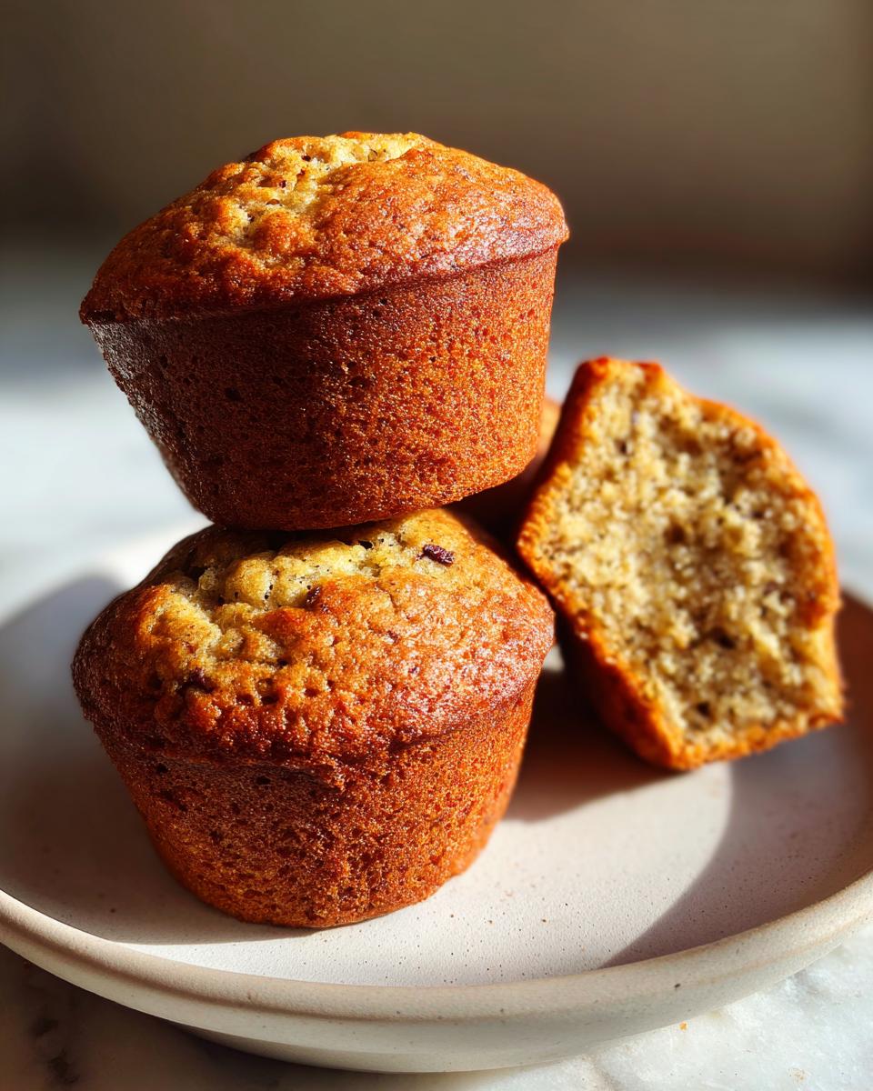 Two golden brown protein muffins stacked, with one half-muffin showing the moist interior texture.