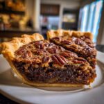 Close-up of two gooey slices of chocolate pecan pie on a white plate, showing the rich filling and pecan topping.