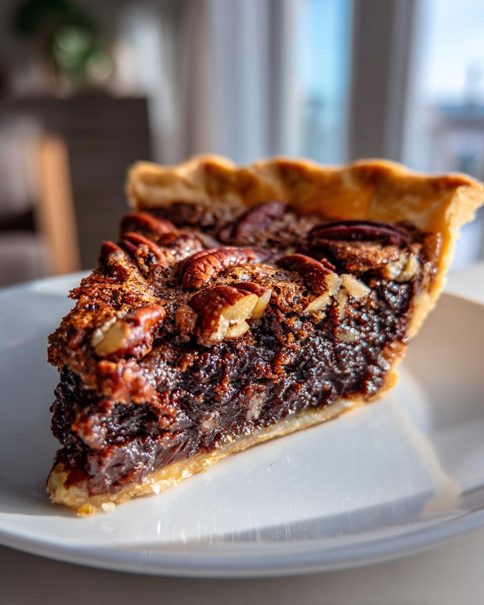 A close-up, sunlit slice of gooey chocolate pecan pie with a flaky crust and whole pecans on top.