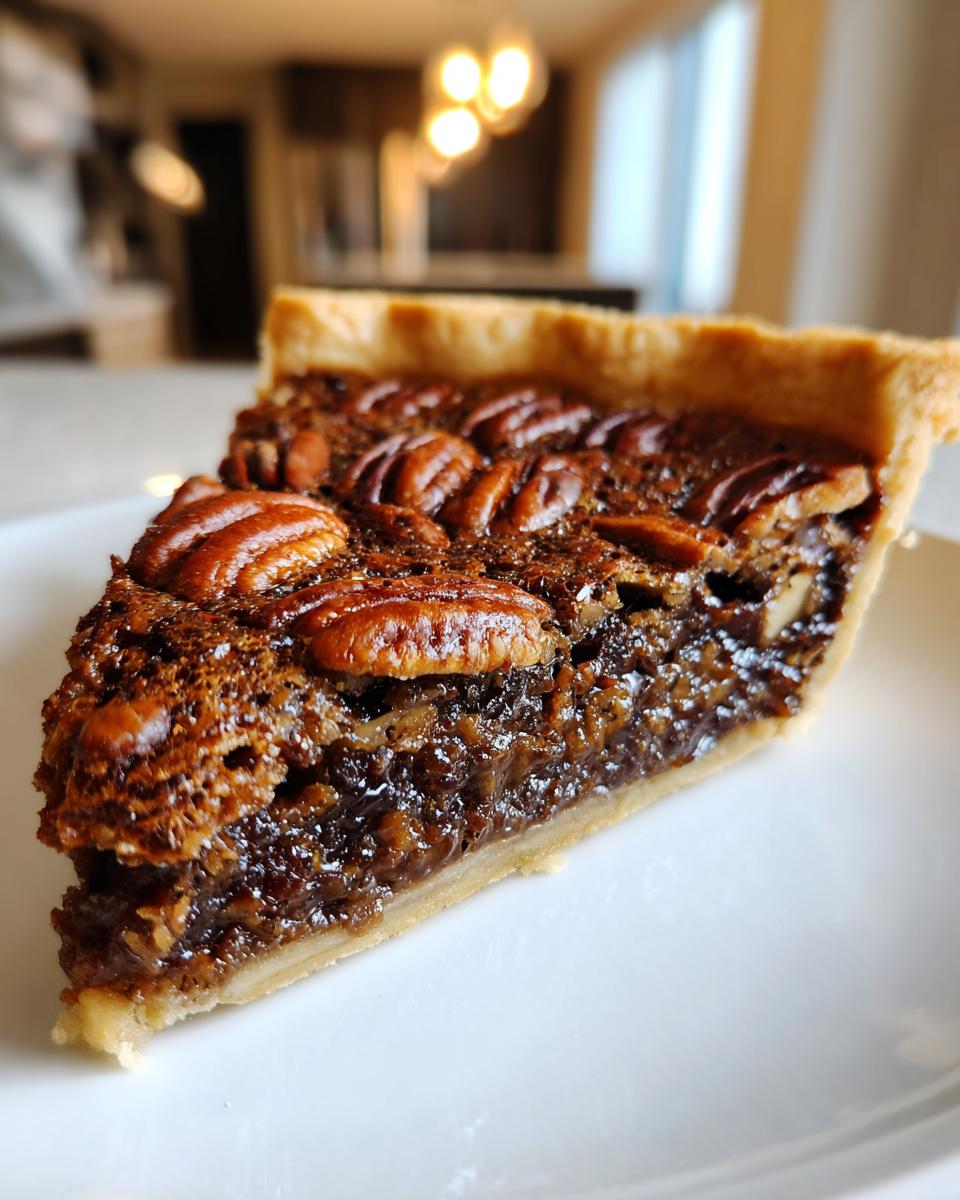 Close-up of a gooey slice of chocolate pecan pie on a white plate, showing the flaky crust and pecan topping.