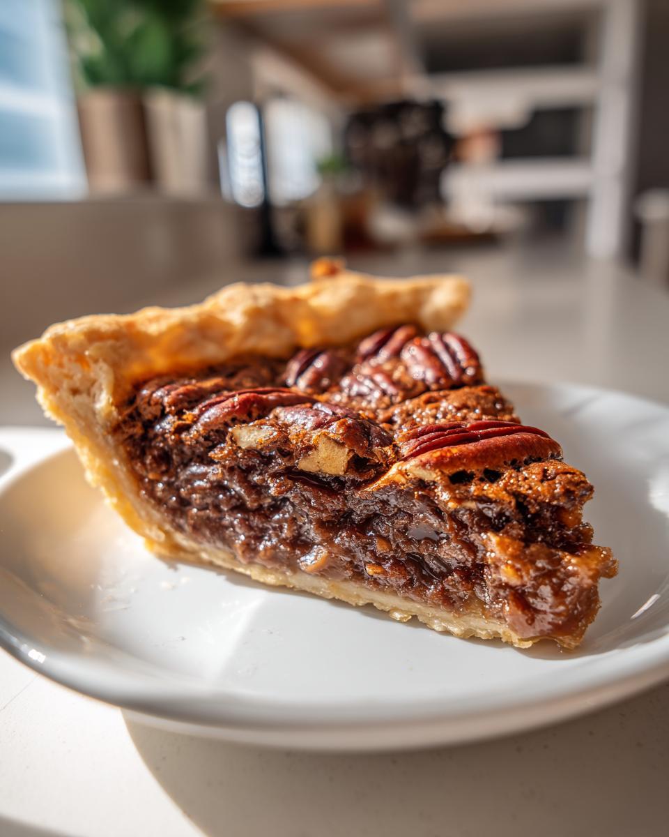 Close-up of a rich, gooey slice of chocolate pecan pie with a flaky crust, sitting on a white plate.