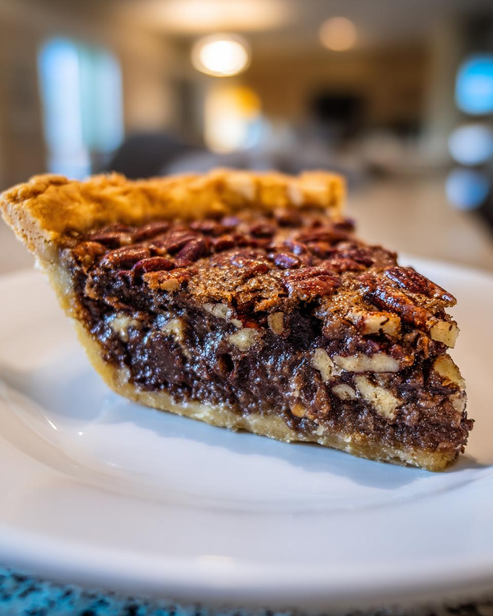 A close-up of a gooey slice of chocolate pecan pie showing the rich filling and pecan topping on a white plate.