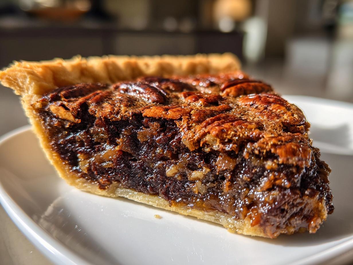 Close-up of a gooey slice of chocolate pecan pie showing the rich filling and pecan topping on a white plate.