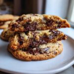 Close-up stack of three vegan chocolate chip cookies, showing the gooey, melted chocolate center.