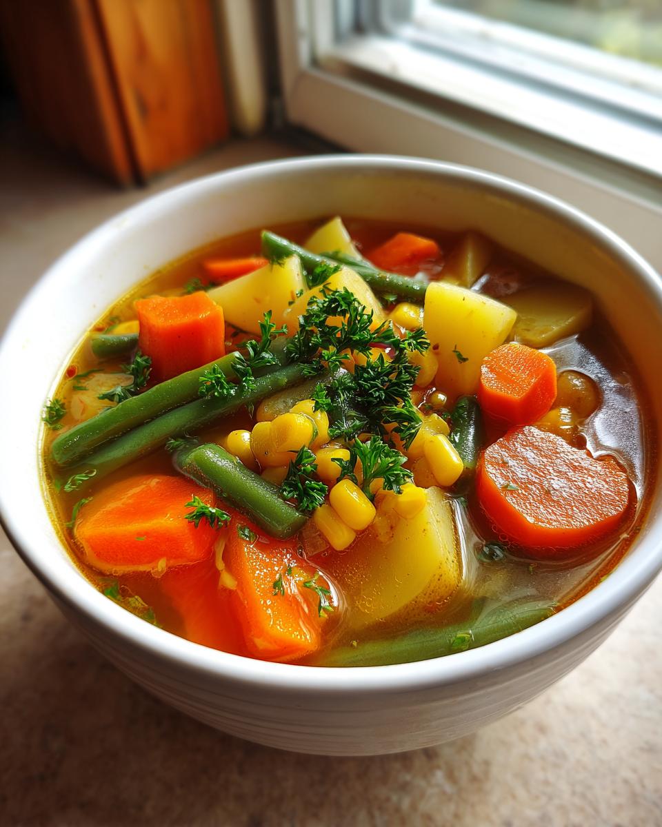 Close-up of a white bowl filled with hearty vegetable soup featuring carrots, potatoes, green beans, and corn.