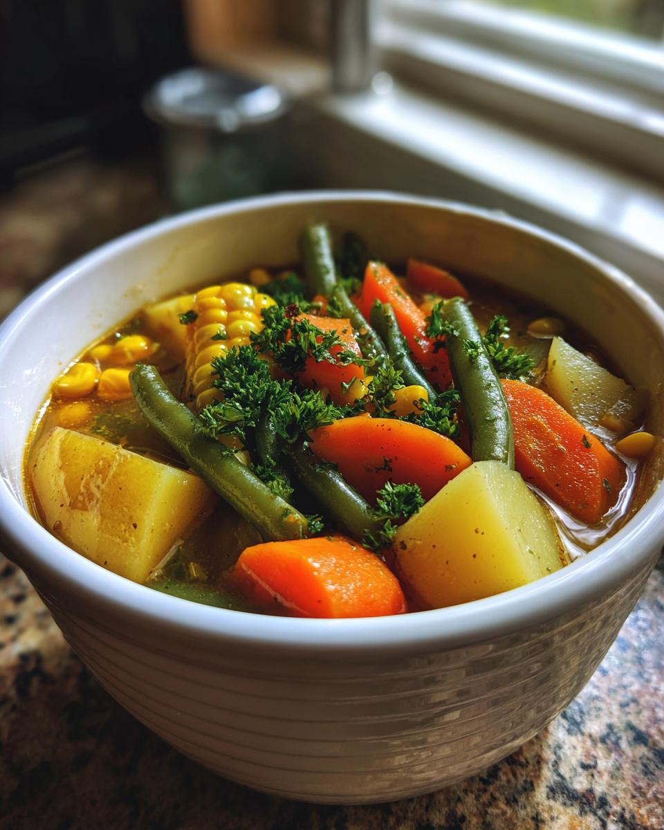 Close-up of a hearty vegetable soup bowl filled with large chunks of potatoes, carrots, green beans, and corn, topped with parsley.