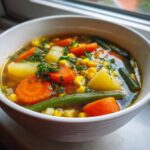 Close-up of a white bowl filled with hearty vegetable soup featuring carrots, potatoes, corn, and green beans.