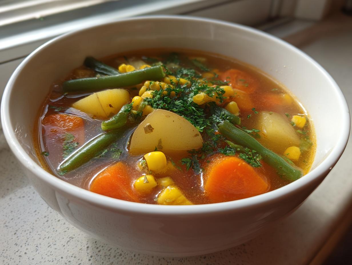 Close-up of a white bowl filled with hearty vegetable soup featuring potatoes, carrots, green beans, and corn.