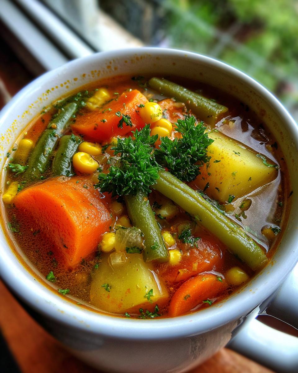 Close-up of a white mug filled with hearty vegetable soup featuring carrots, potatoes, green beans, and corn.
