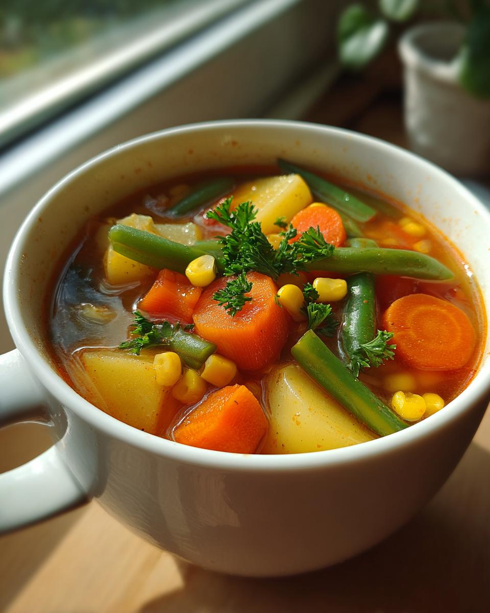 Close-up of a white mug filled with hearty vegetable soup featuring carrots, potatoes, green beans, and corn.