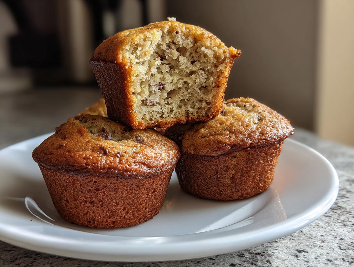 A stack of golden brown protein muffins, one cut in half showing the moist interior and chocolate chips.