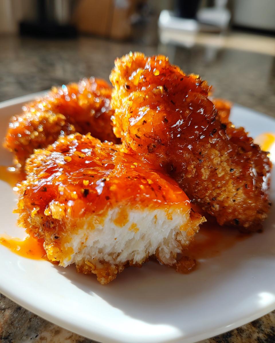 Cross-section of a piece of hot honey chicken showing the white meat inside and the crunchy, glazed exterior.