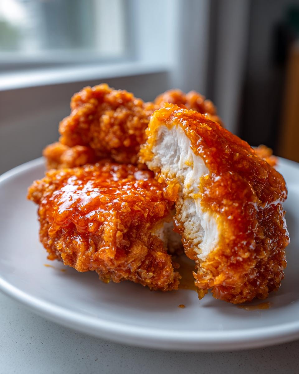 Close-up of crispy fried hot honey chicken, one piece cut open showing white meat.