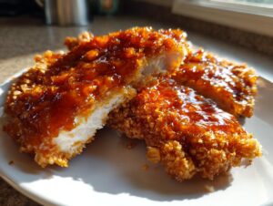 Close-up of crunchy fried hot honey chicken, cut in half to show the white meat inside, glistening with sauce.
