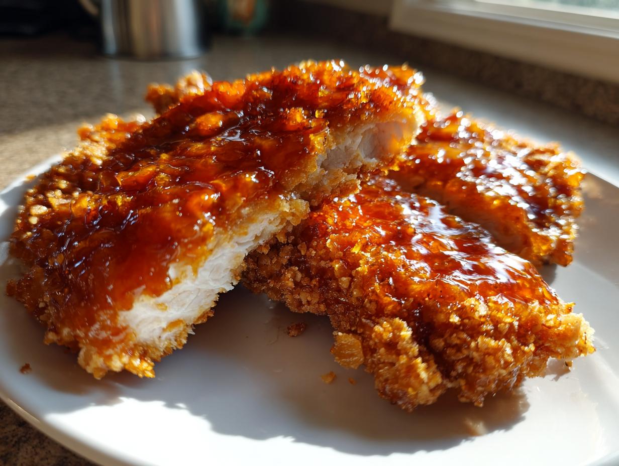 Close-up of crunchy fried hot honey chicken, cut in half to show the white meat inside, glistening with sauce.