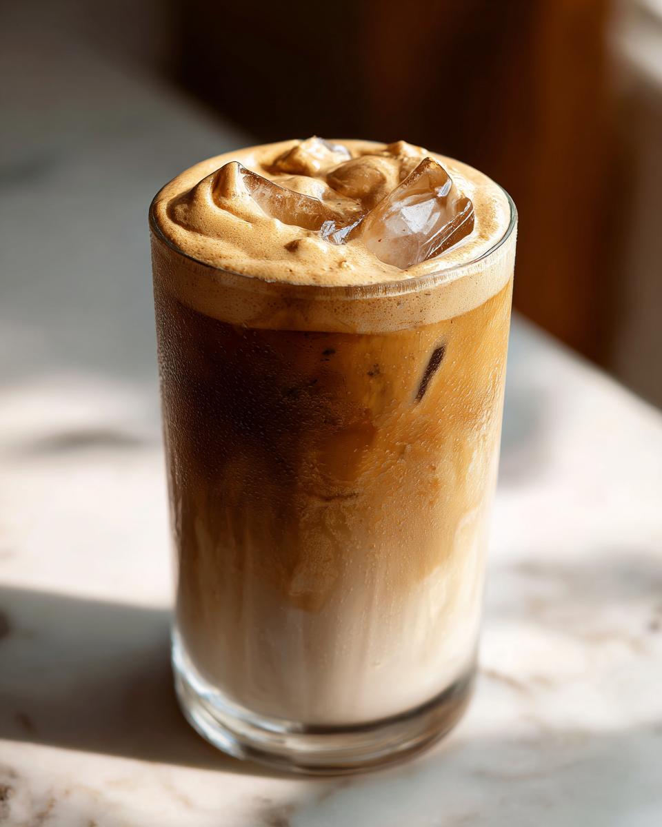 A tall glass of iced cookie butter latte showing layered milk, coffee, and a thick, frothy topping with ice cubes.