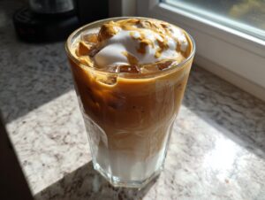 A tall glass of iced cookie butter latte with layered milk, coffee, and a swirl of cookie butter topping.