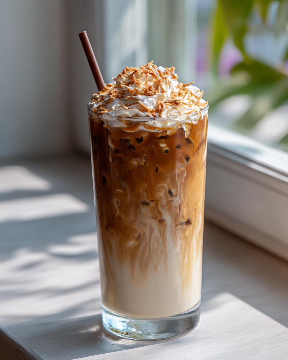 A tall glass of iced cookie butter latte showing swirling milk and espresso, topped with whipped cream and cookie crumbles.