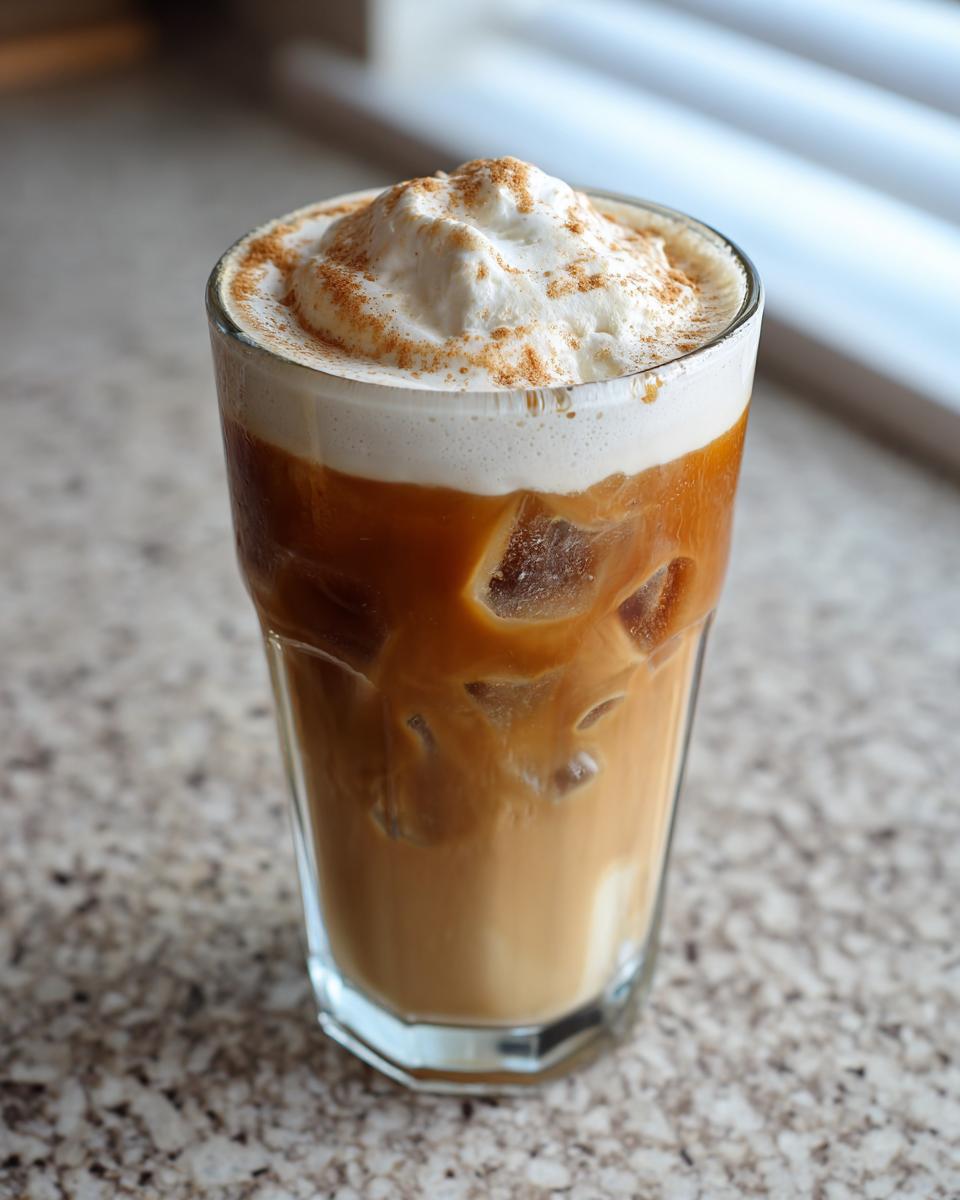 A tall glass of iced cookie butter latte topped with whipped cream and cinnamon spice.