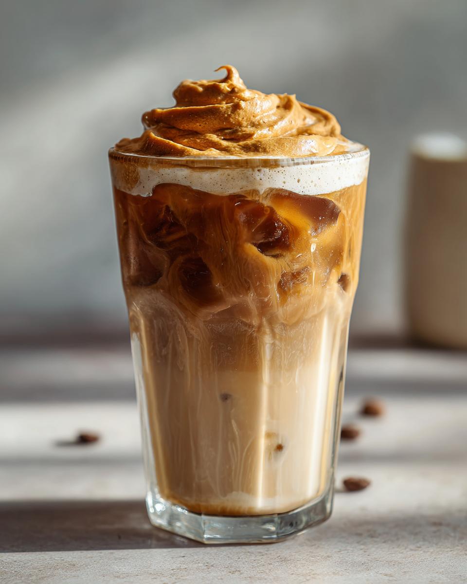 Tall glass of iced cookie butter latte topped with a swirl of cookie butter foam.