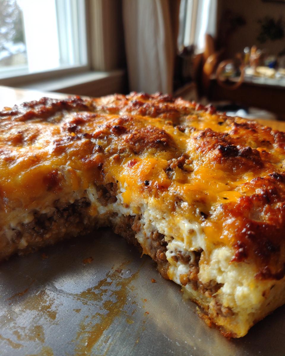 A close-up view of a baked john wayne casserole showing layers of ground meat, creamy filling, and a bubbly, browned cheddar cheese topping.