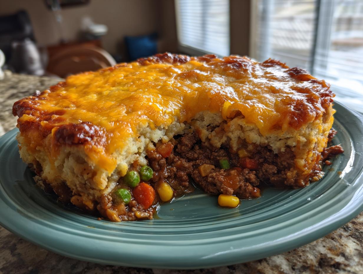 A hearty slice of john wayne casserole showing a ground beef and vegetable base topped with biscuit and melted cheddar cheese.