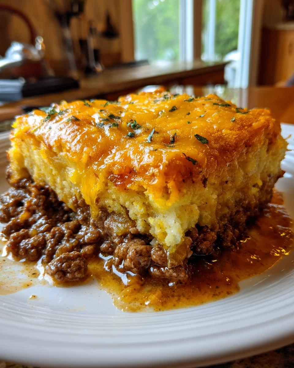 A hearty slice of john wayne casserole with a thick cornbread topping and melted cheddar cheese over a savory ground beef base.