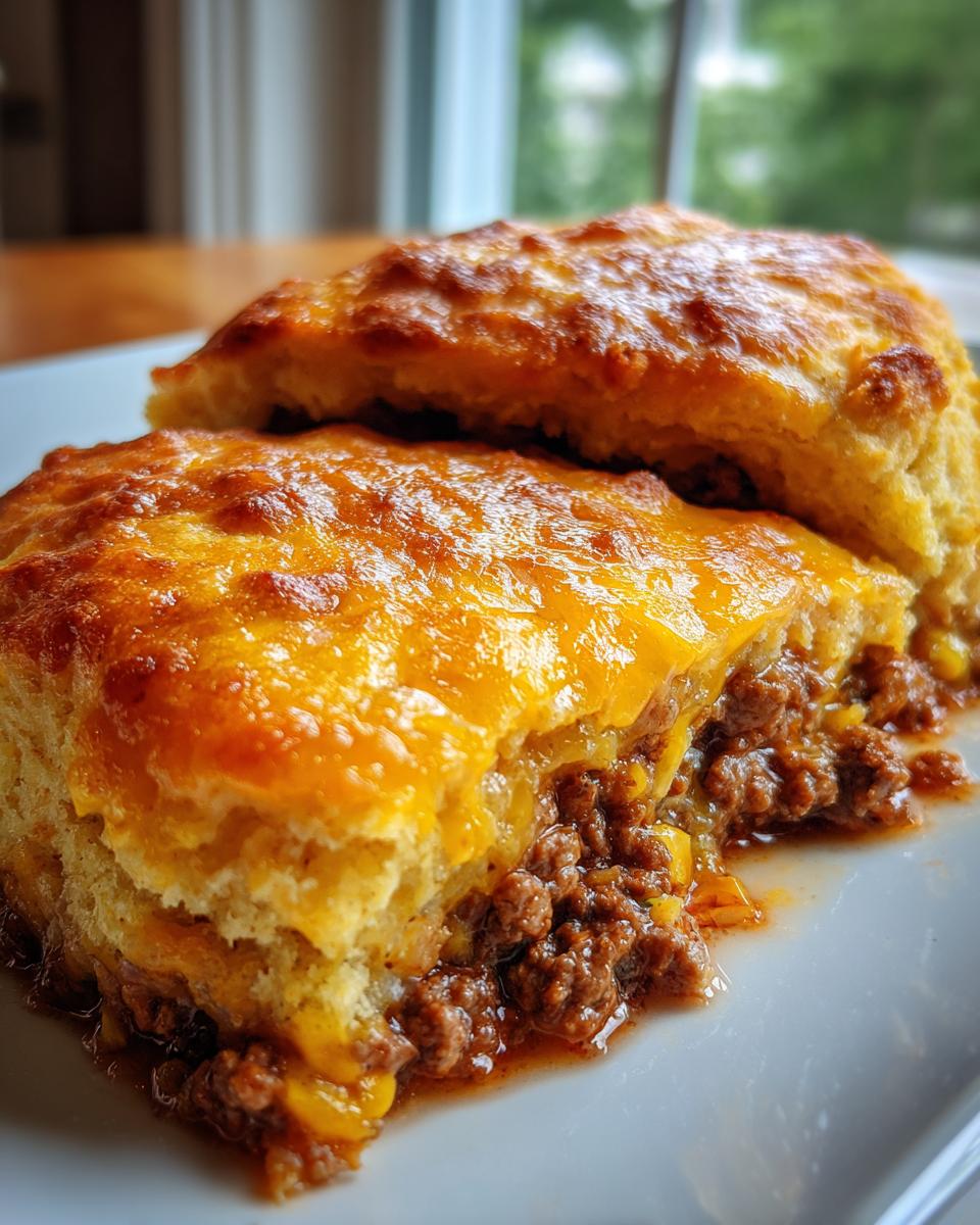 Two slices of moist john wayne casserole with a thick, cheesy topping and savory ground beef filling.