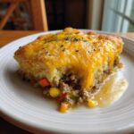 A hearty slice of john wayne casserole featuring a biscuit topping, melted cheddar cheese, and a savory ground beef and vegetable filling.