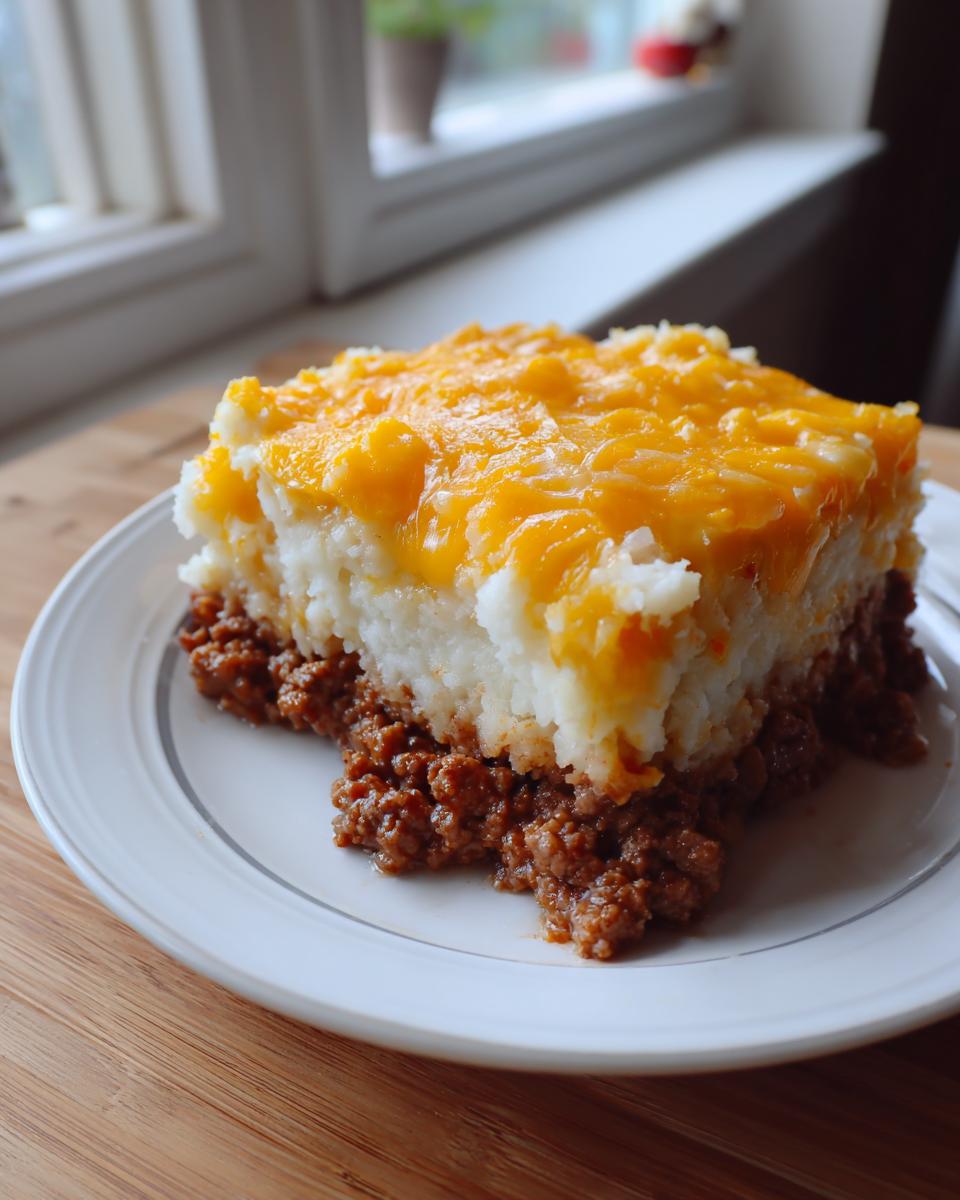 A square serving of meatloaf casserole with a thick layer of mashed potatoes and melted cheddar cheese on top.