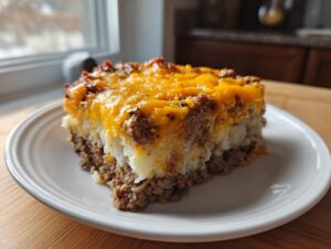 A hearty slice of meatloaf casserole featuring a ground meat base, mashed potato layer, and melted cheddar cheese topping.