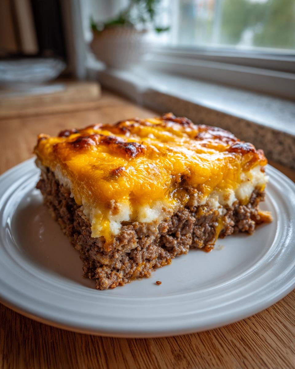 A square slice of hearty meatloaf casserole topped with mashed potatoes and melted, browned cheddar cheese.