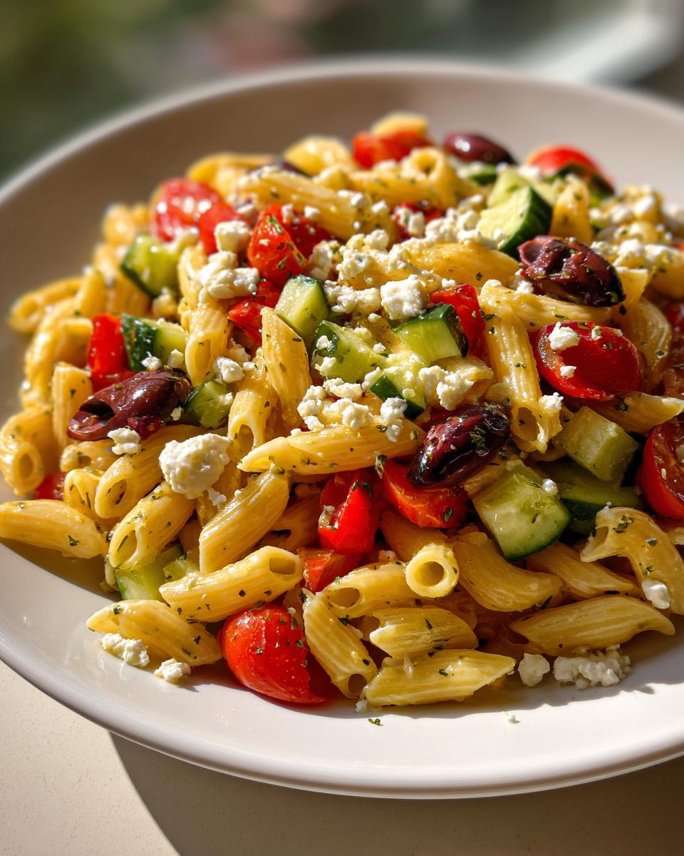 Close-up of a serving of mediterranean pasta salad featuring penne, cucumber, tomatoes, olives, and feta cheese.