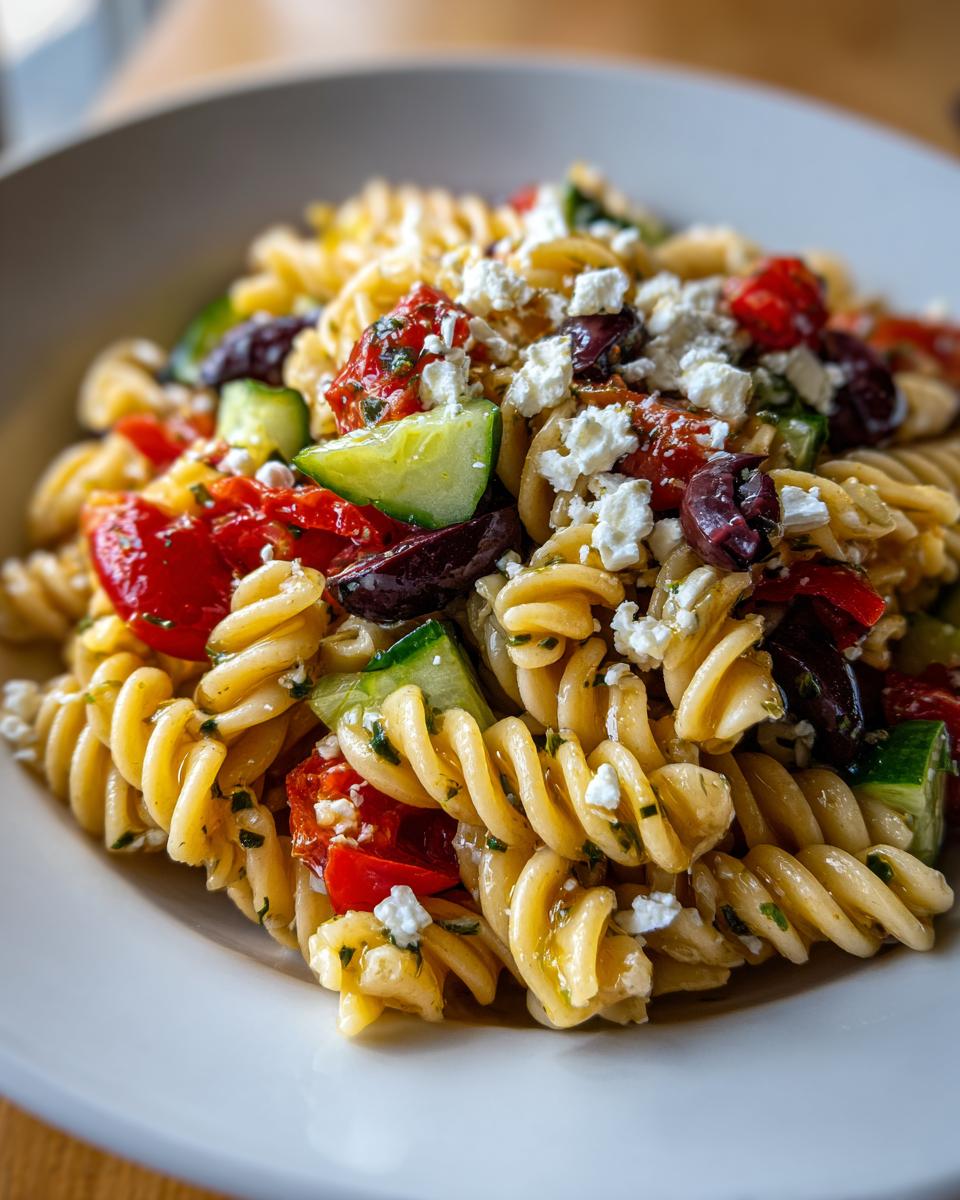 A close-up shot of a bowl filled with mediterranean pasta salad featuring rotini pasta, cucumbers, tomatoes, olives, and crumbled feta cheese.