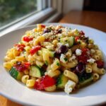 Close-up of a serving of mediterranean pasta salad featuring pasta, cucumber, tomatoes, olives, and feta cheese.