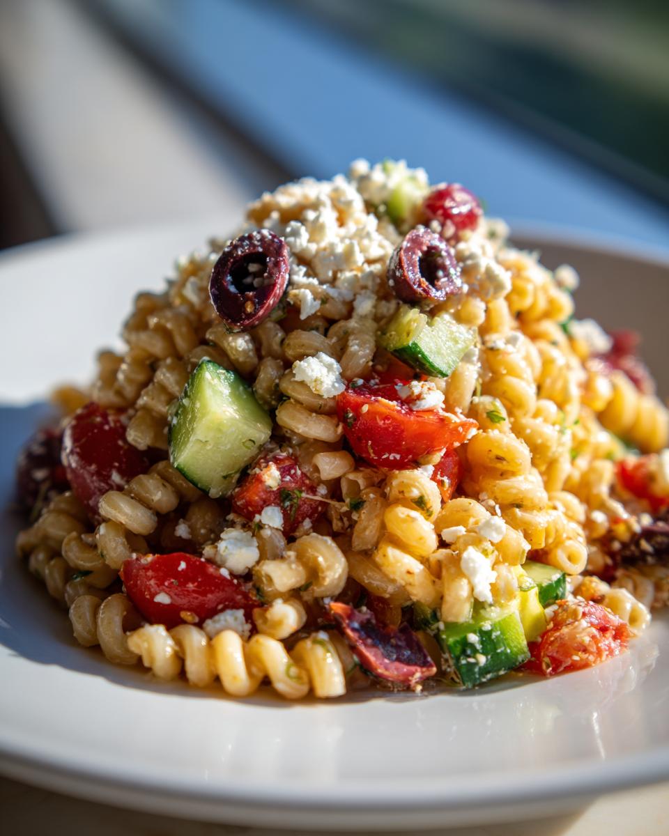 Close-up of a serving of mediterranean pasta salad featuring rotini pasta, tomatoes, cucumbers, feta, and Kalamata olives.